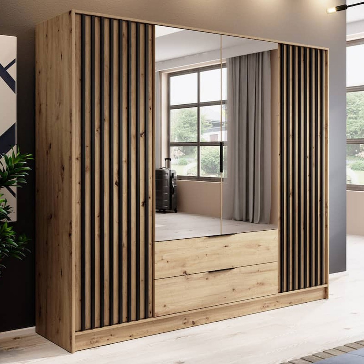 ORION 4 Door Mirrored Wardrobe with 2 Drawers Oak - 206cm