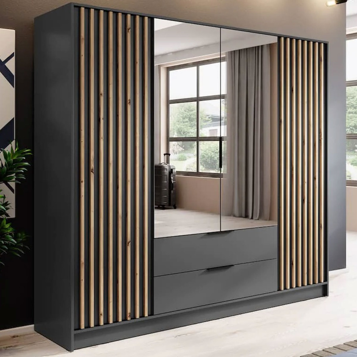 ORION 4 Door Mirrored Wardrobe with 2 Drawers Dark Grey - 206cm
