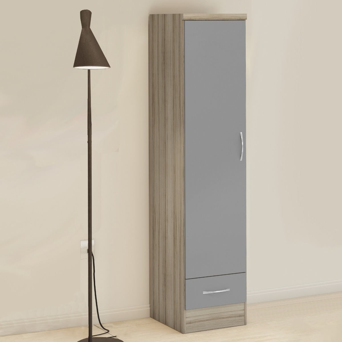 NEWBIGGIN 1 Door Wardrobe with 1 Drawer Grey Gloss with Light Oak - 40cm