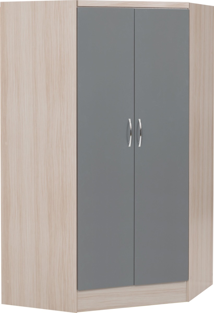 NEWBIGGIN 2 Door Corner Wardrobe Grey Gloss with Light Oak - 143cm