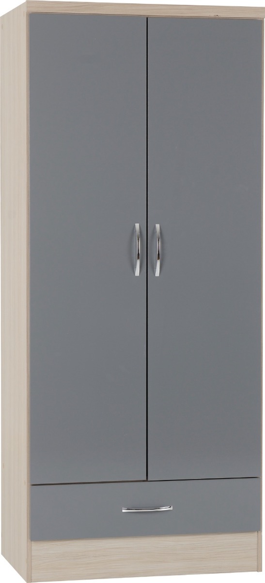 NEWBIGGIN 2 Door Wardrobe with 1 Drawer Grey Gloss with Light Oak - 78cm