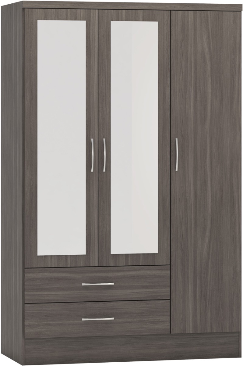 NEWBIGGIN 3 Door Mirrored Wardrobe with 2 Drawers Grey Oak - 116cm