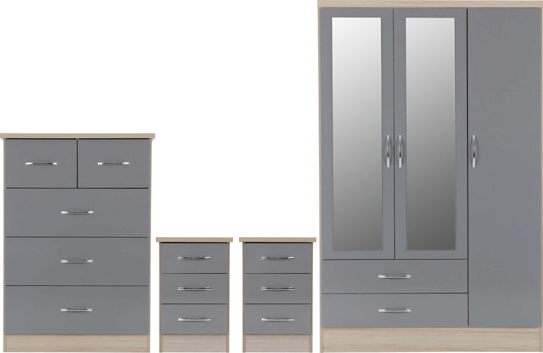 NEWBIGGIN 3 Door Wardrobe Set 4 Piece - Light Oak and Grey