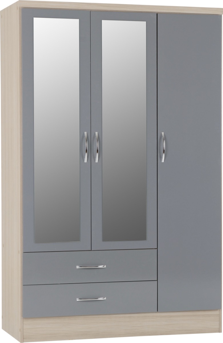 NEWBIGGIN 3 Door Mirrored Wardrobe with 2 Drawers Grey Gloss with Light Oak - 116cm