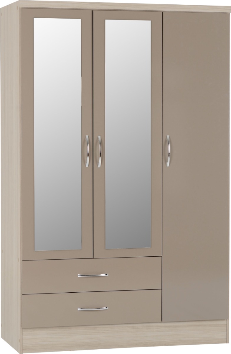 NEWBIGGIN 3 Door Mirrored Wardrobe with 2 Drawers Light Oak and Beige - 116cm