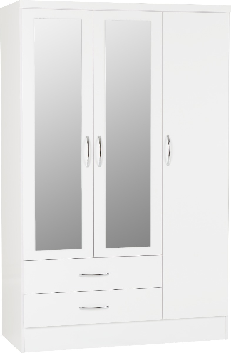 NEWBIGGIN 3 Door Mirrored Wardrobe with 2 Drawers White Gloss - 116cm