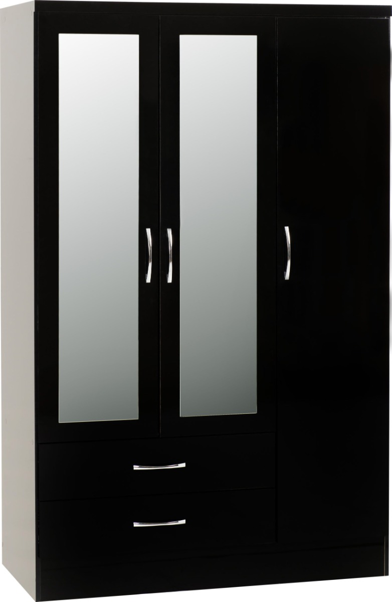 NEWBIGGIN 3 Door Mirrored Wardrobe with 2 Drawers Black Gloss - 116cm
