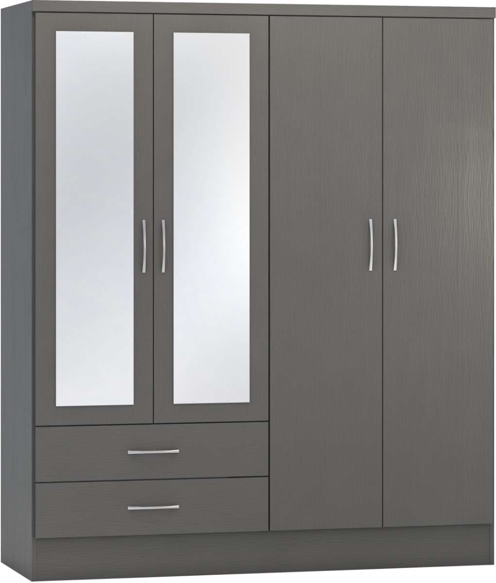 NEWBIGGIN 4 Door Mirrored Wardrobe with 2 Drawers Grey - 154cm