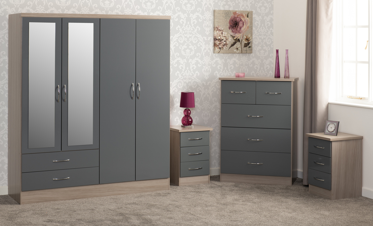 NEWBIGGIN 4 Door Wardrobe Set 4 Piece - Light Oak and Grey