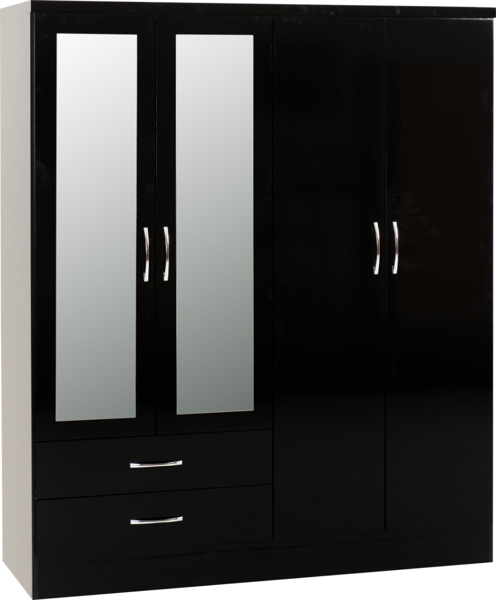 NEWBIGGIN 4 Door Mirrored Wardrobe with 2 Drawers Black Gloss - 154cm