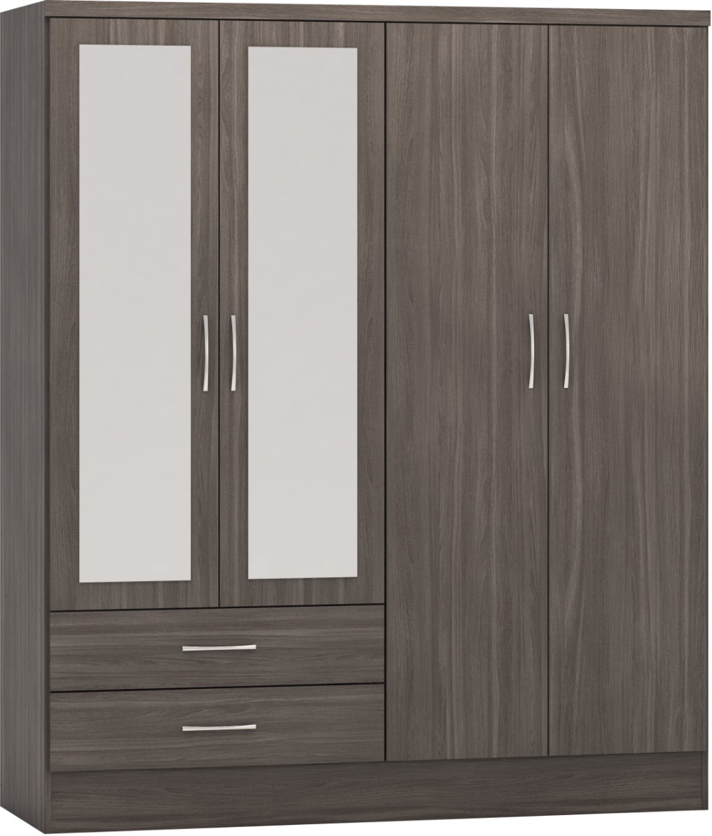 NEWBIGGIN 4 Door Mirrored Wardrobe with 2 Drawers Grey Oak - 154cm