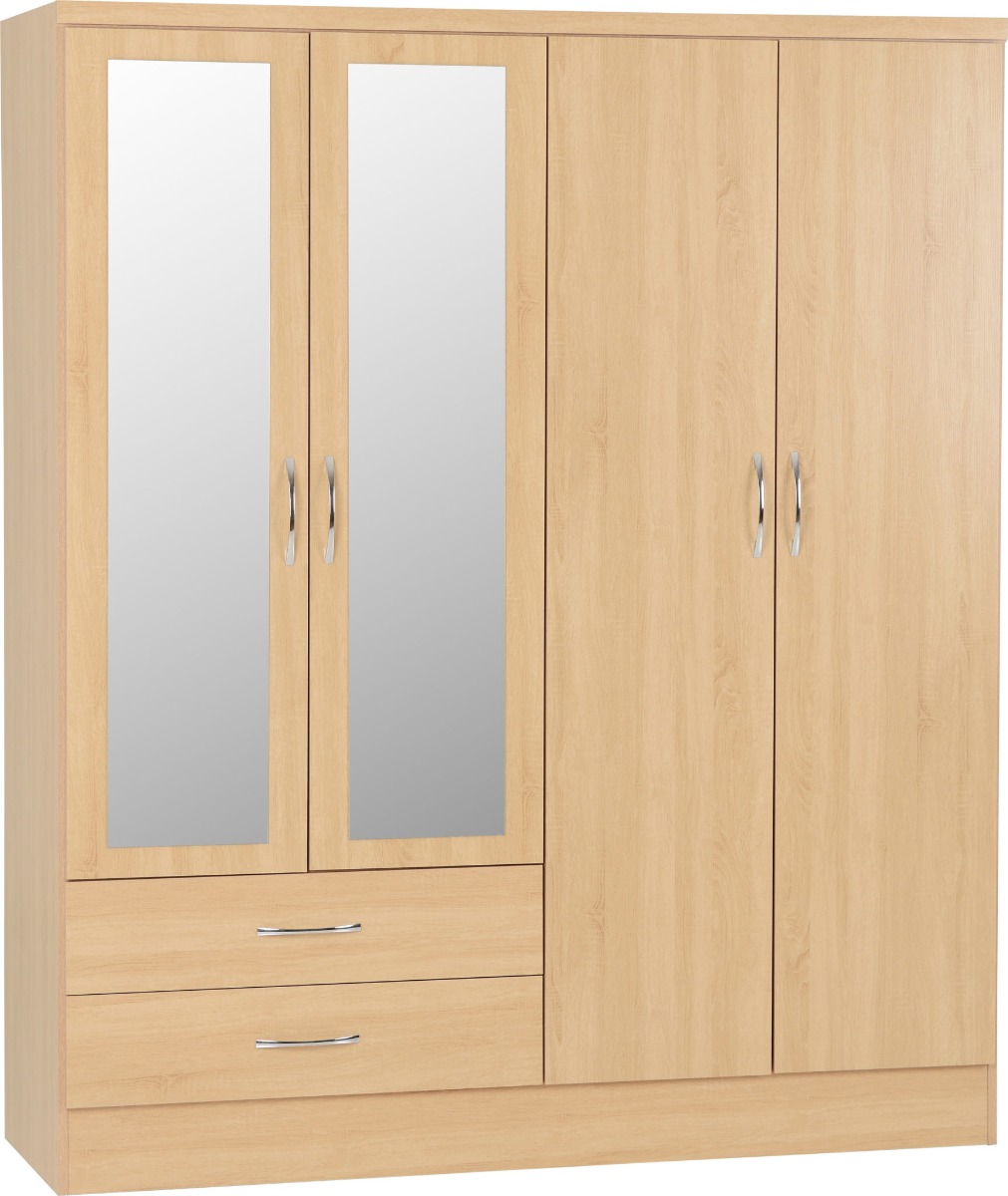 NEWBIGGIN 4 Door Mirrored Wardrobe with 2 Drawers Medium Oak - 154cm