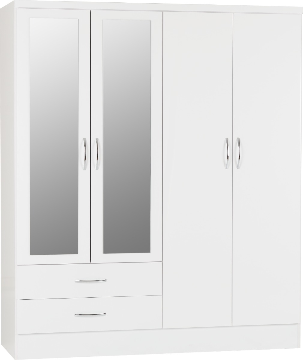 NEWBIGGIN 4 Door Mirrored Wardrobe with 2 Drawers White Gloss - 154cm