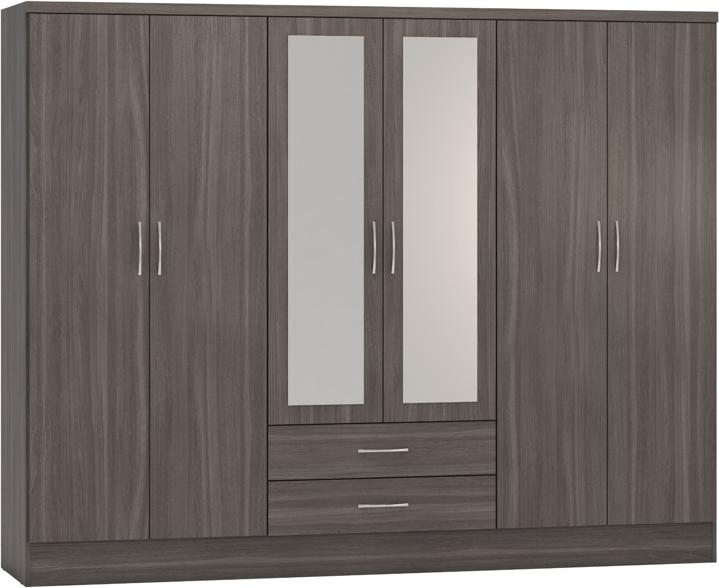 NEWBIGGIN 6 Door Mirrored Wardrobe with 2 Drawers Grey Oak - 230cm