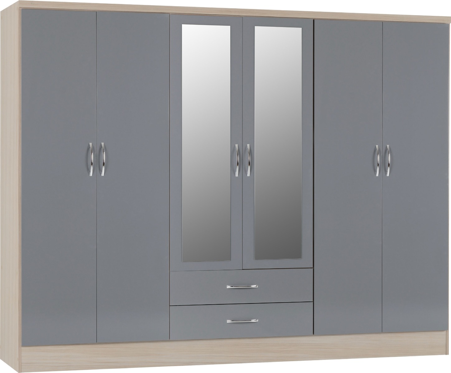 NEWBIGGIN 6 Door Mirrored Wardrobe with 2 Drawers Grey Gloss with Light Oak - 230cm