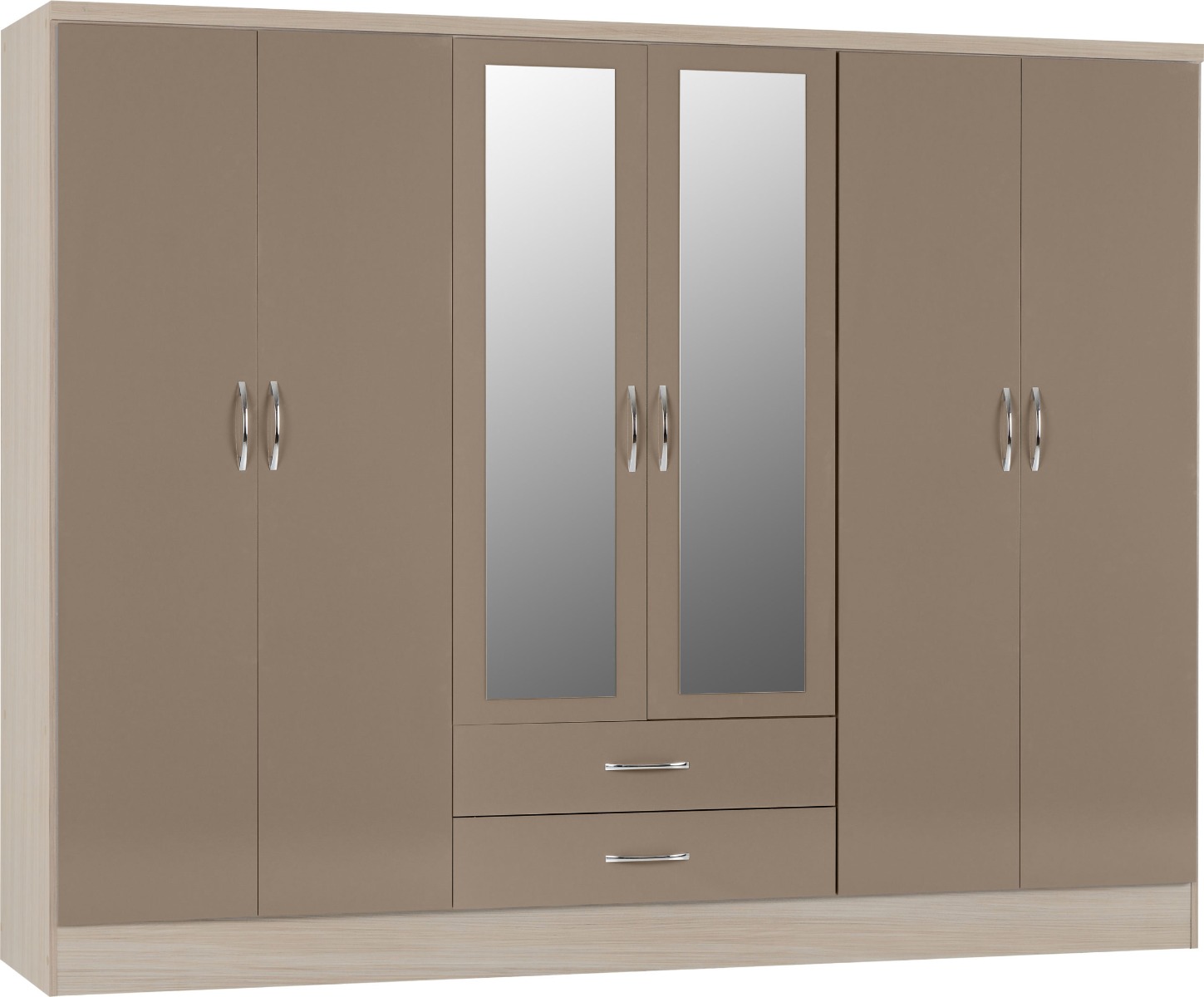 NEWBIGGIN 6 Door Mirrored Wardrobe with 2 Drawers Light Oak and Beige - 230cm