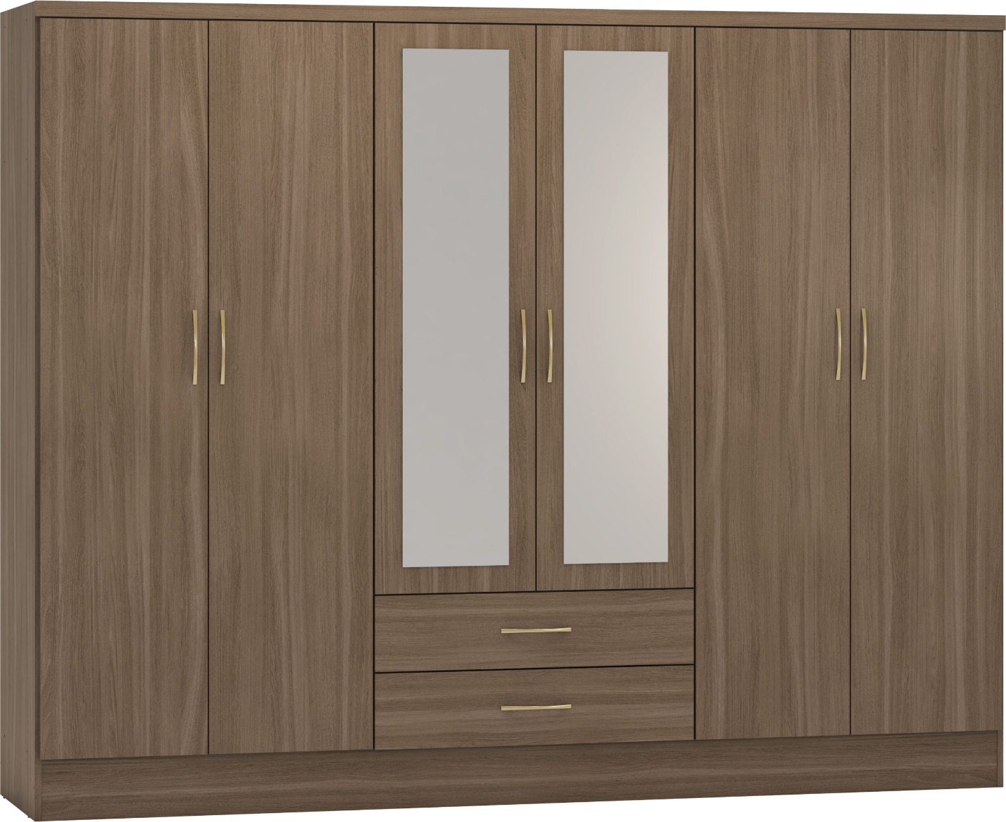 NEWBIGGIN 6 Door Mirrored Wardrobe with 2 Drawers Dark Oak - 230cm