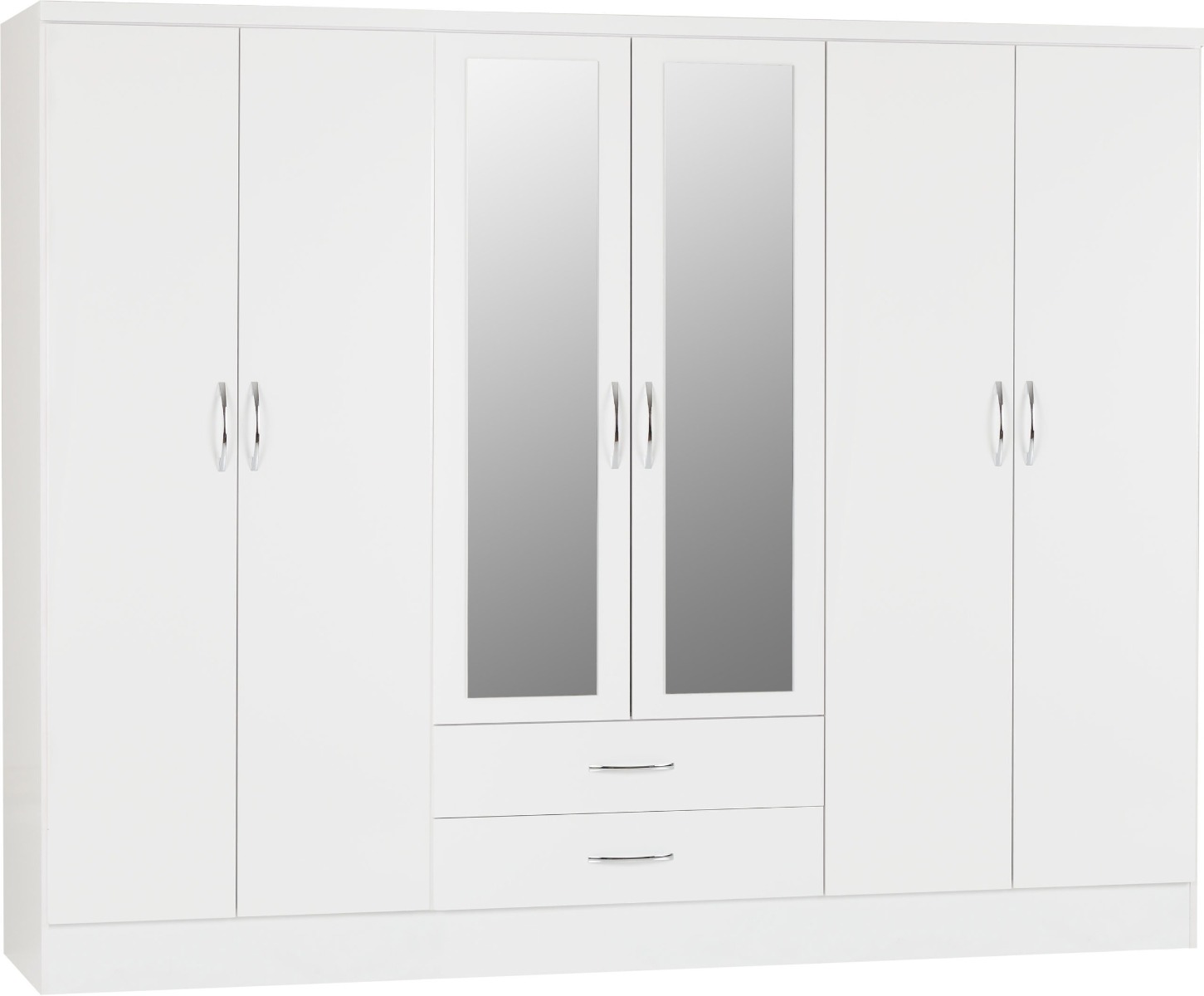 NEWBIGGIN 6 Door Mirrored Wardrobe with 2 Drawers White Gloss - 230cm