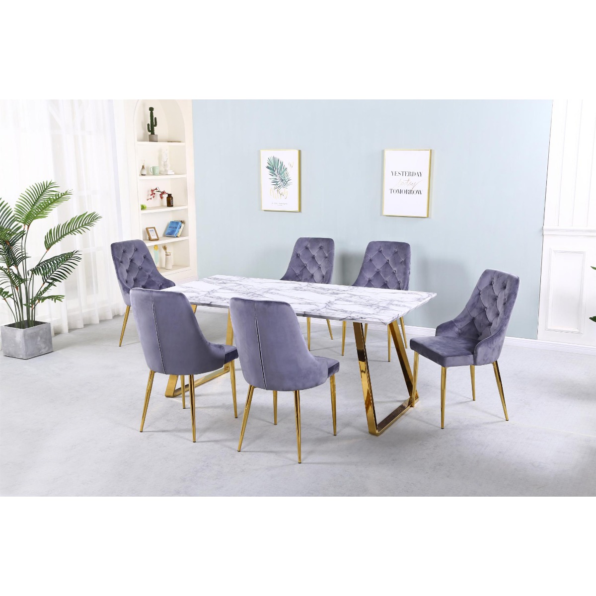 Luxurious Seating Ottawa Set of 4 Light Grey Velvet Dining Chairs - Gold Chrome Legs