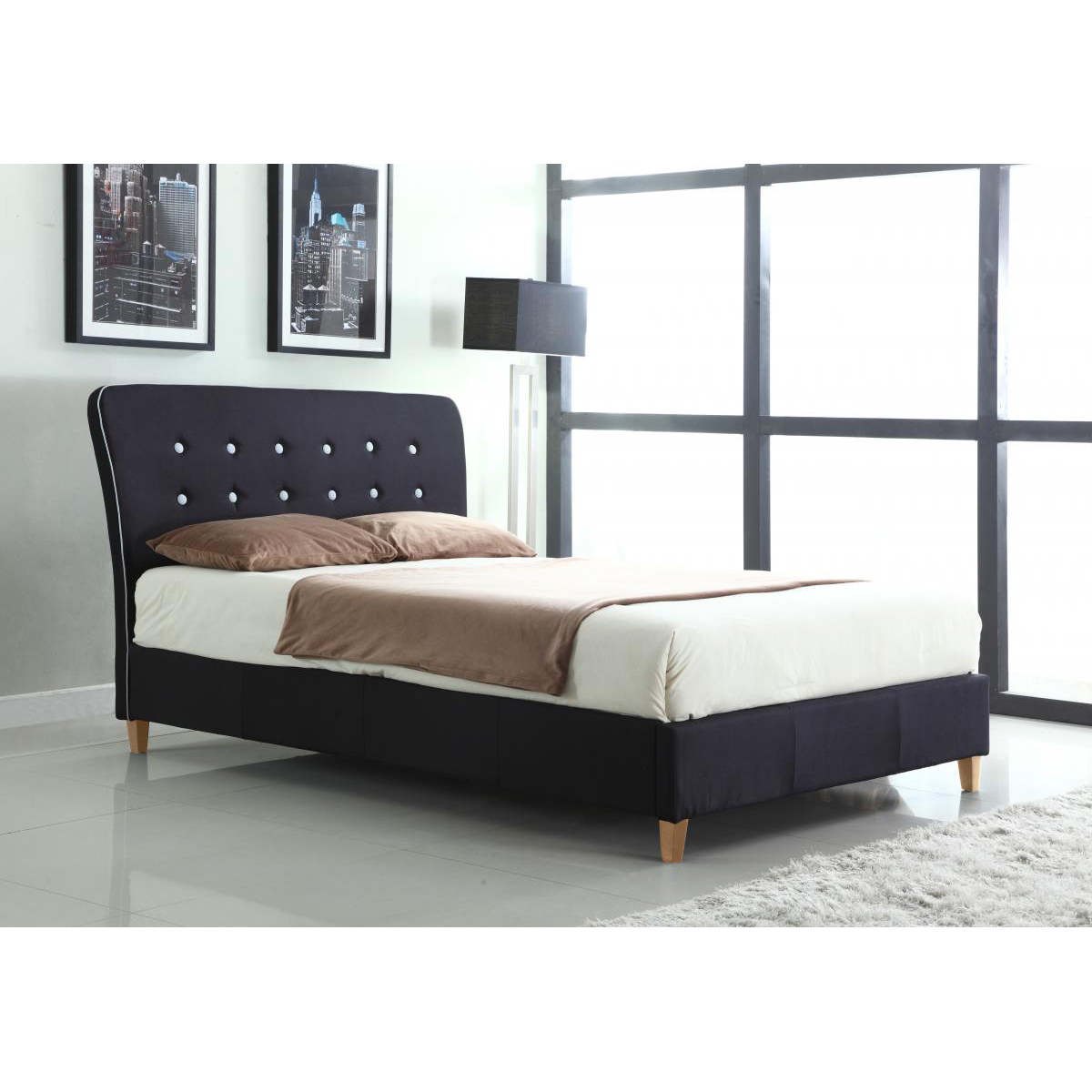 Luxurious Nina Linen Fabric Bed Frame Double Bed Black with White Piping