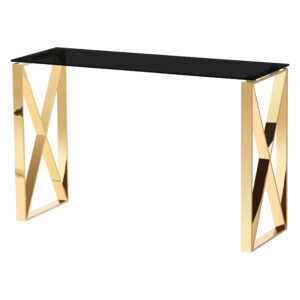 Modern Mishawaka Black Glass Top Console Table with Stylish Metal Frame in Gold