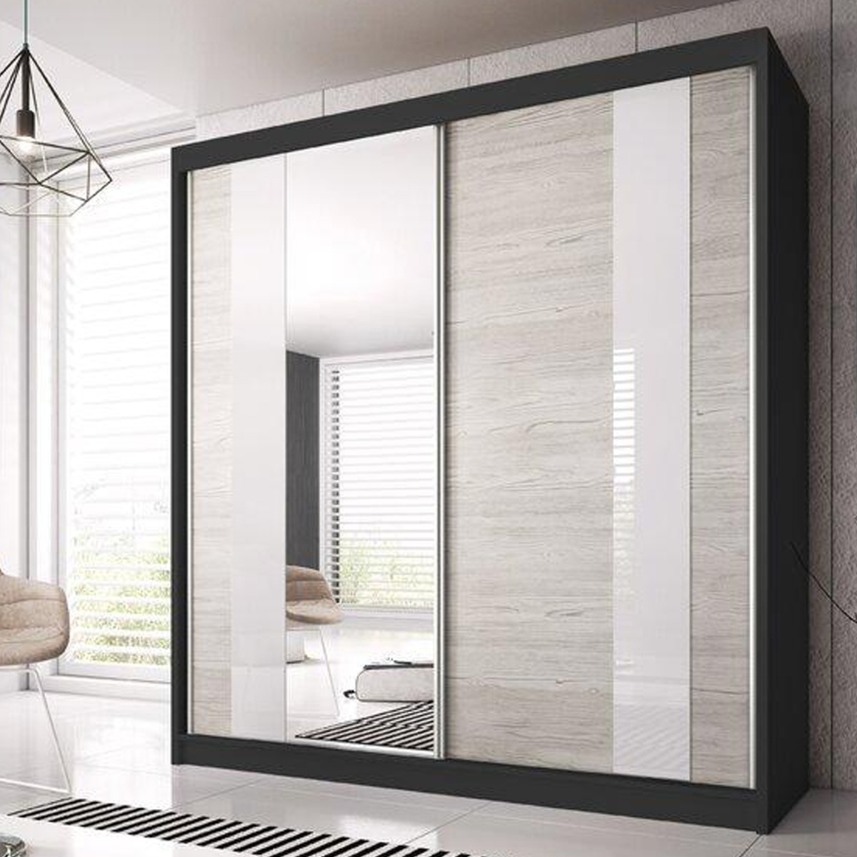 MALTA 2 Door Mirrored Sliding Wardrobe Black Matt and Grey Oak - 233cm