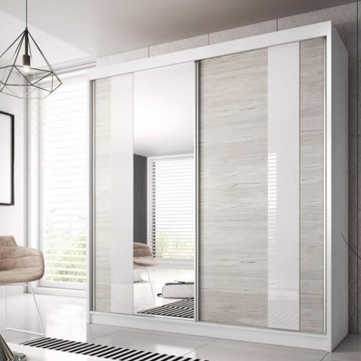 MALTA 2 Door Mirrored Sliding Wardrobe White Matt and Grey Oak - 233cm