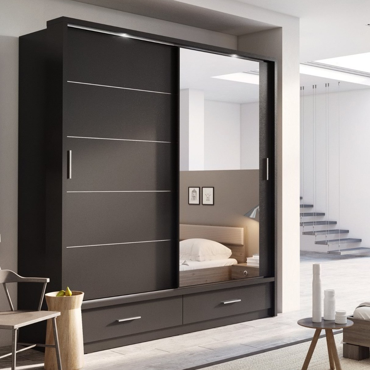 IRVINE 2 Door Mirrored Sliding Wardrobe with 2 Drawer Black Matt - 200cm