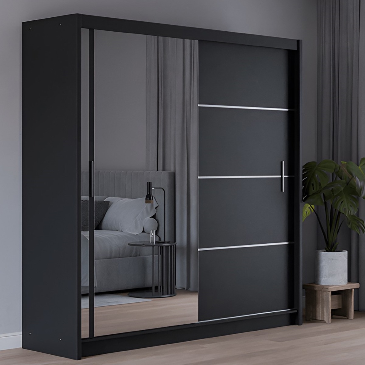 BROADLAND 2 Door Mirrored Sliding Wardrobe Black - 203cm