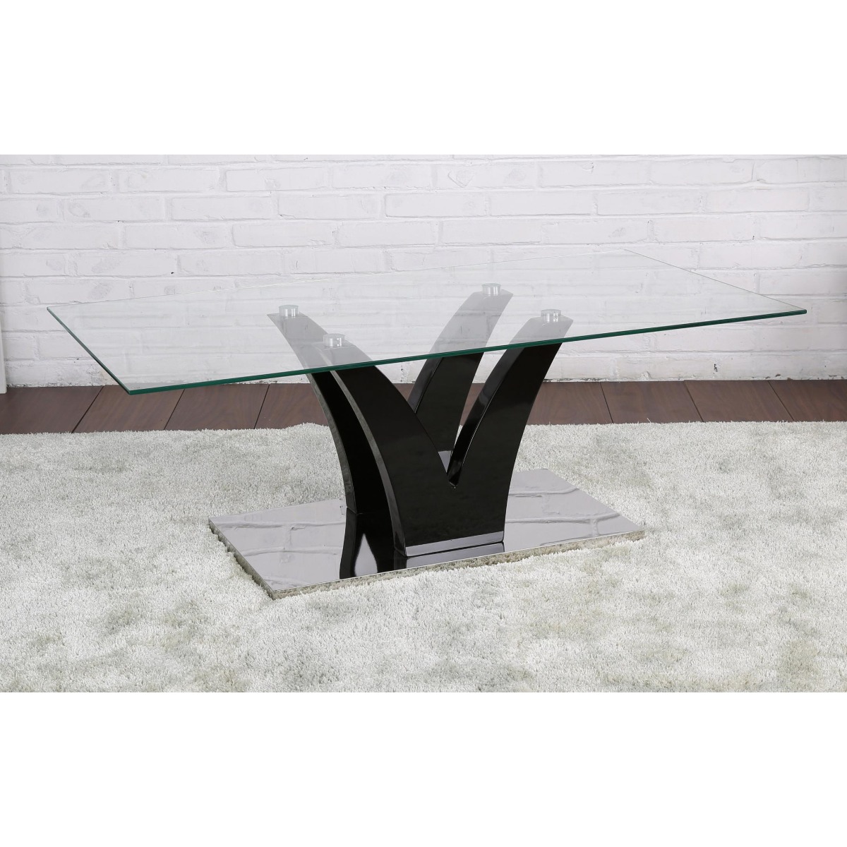Contemporary Brilliance Climax Glass Top Coffee Table with Black High Gloss and Stainless Steel Base
