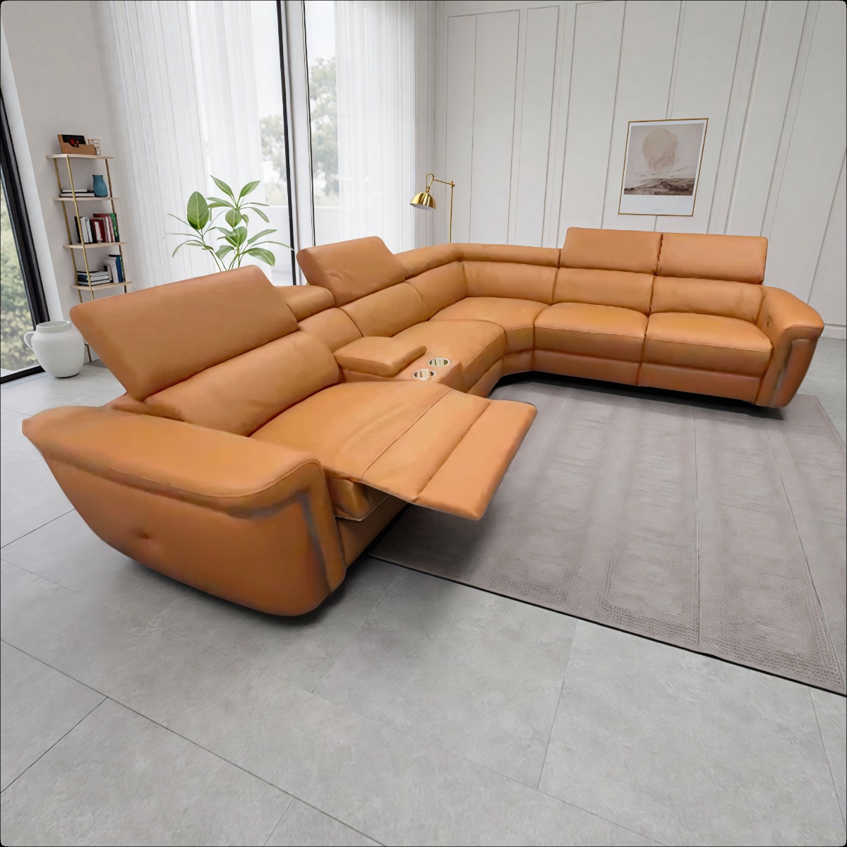 BREVELLO Leather 5 Seater L Shaped Electric Recliner Corner Sofa - Tan