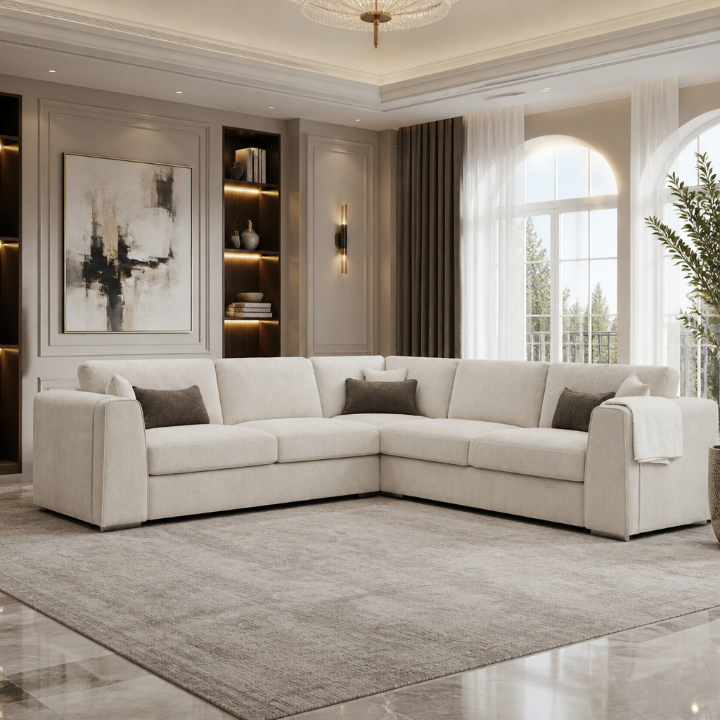 CANTRELL Chenille Fabric Large Corner Sofa - L Shaped - Beige