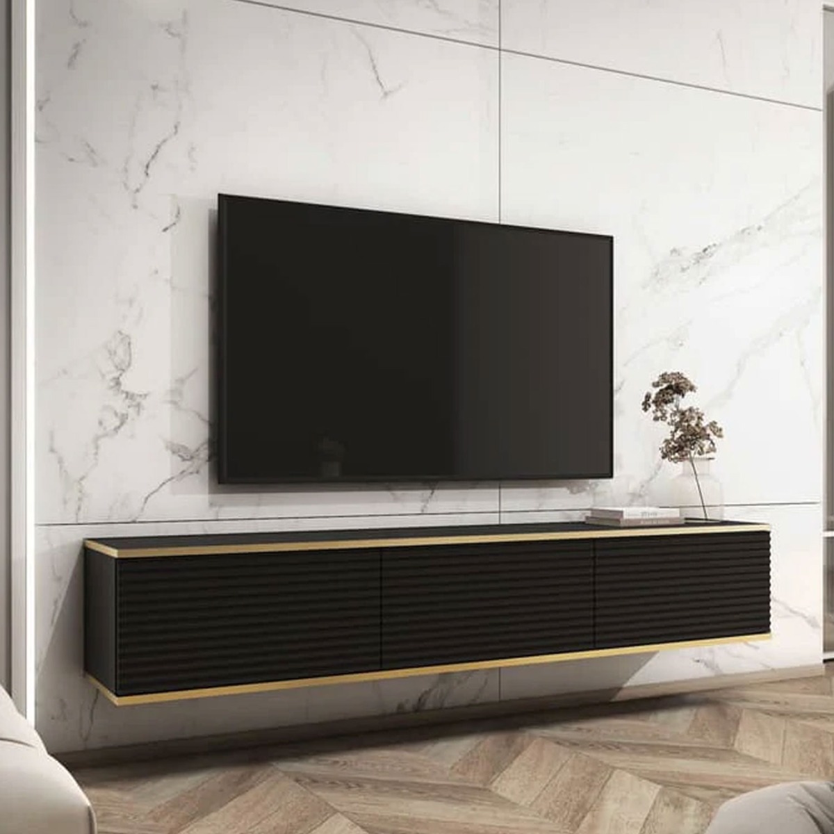 Obsidian Zenyx Floating TV Cabinet with 3 Doors - Black