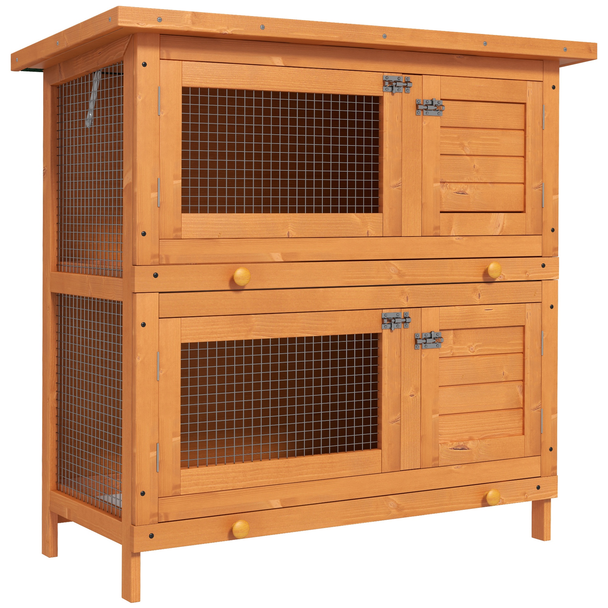 Wooden Rabbit Hutch 2 Tiers Bunny House Rabbit Cage w/ Slide-Out Tray and Hinged Opening Roof Small Animal House for Indoor