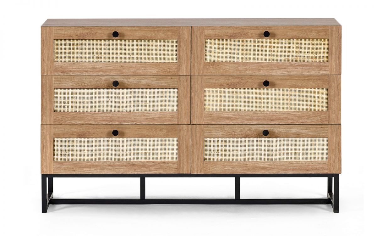 PETERLEE Oak Finish Rattan Chest of Drawers - Large-sized, 6 Drawers, Double