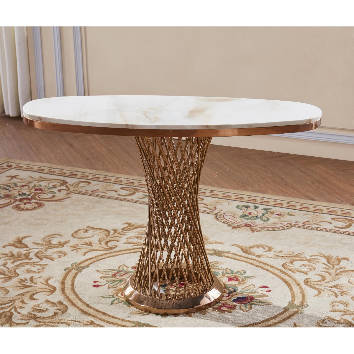 Fontana Luxe Natural Stone Marble Effect Console Table with Stainless Steel in Rose Gold Base