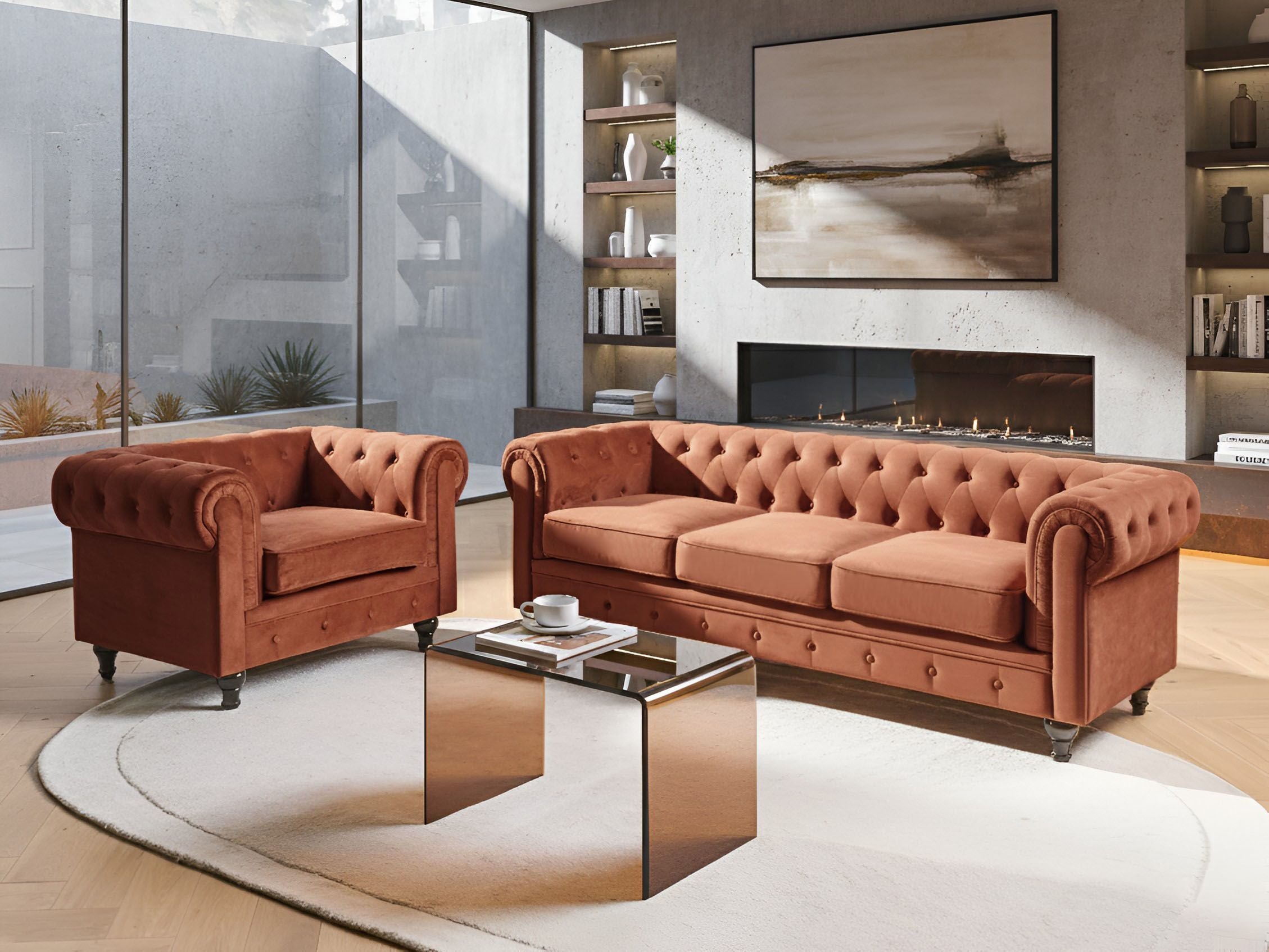 GLENFORD Velvet 4 Seater Sofa Sets - Brown