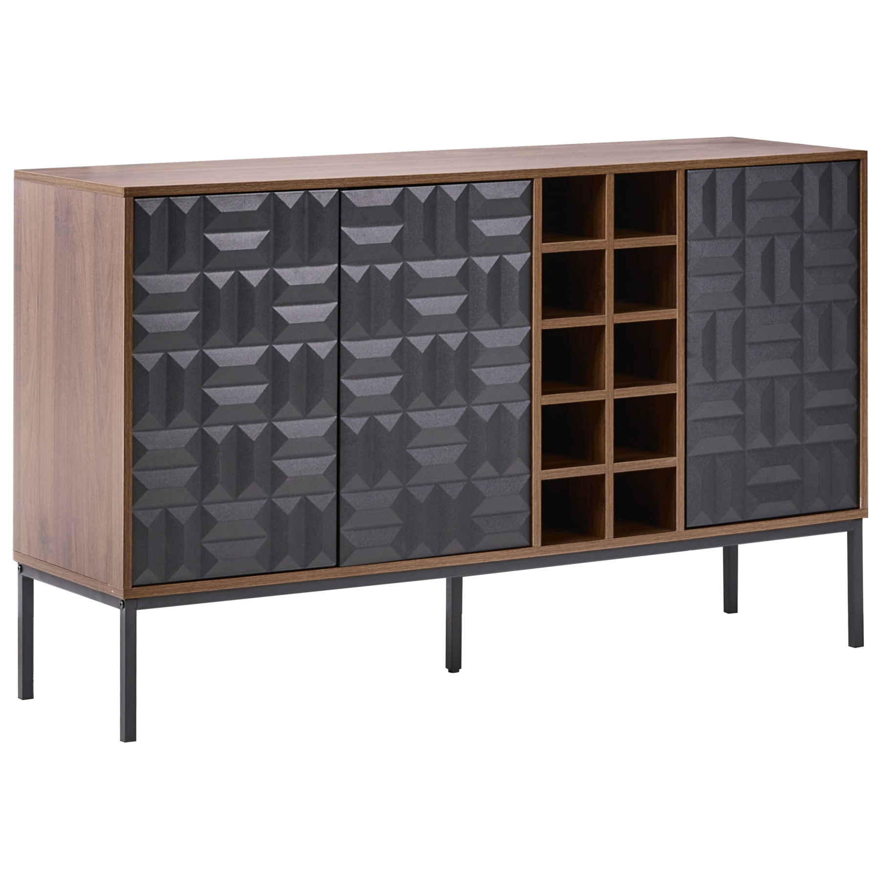 CARAQUINA Wooden Wine Cabinet with 3 Door Cabinet - Dark Oak with Black
