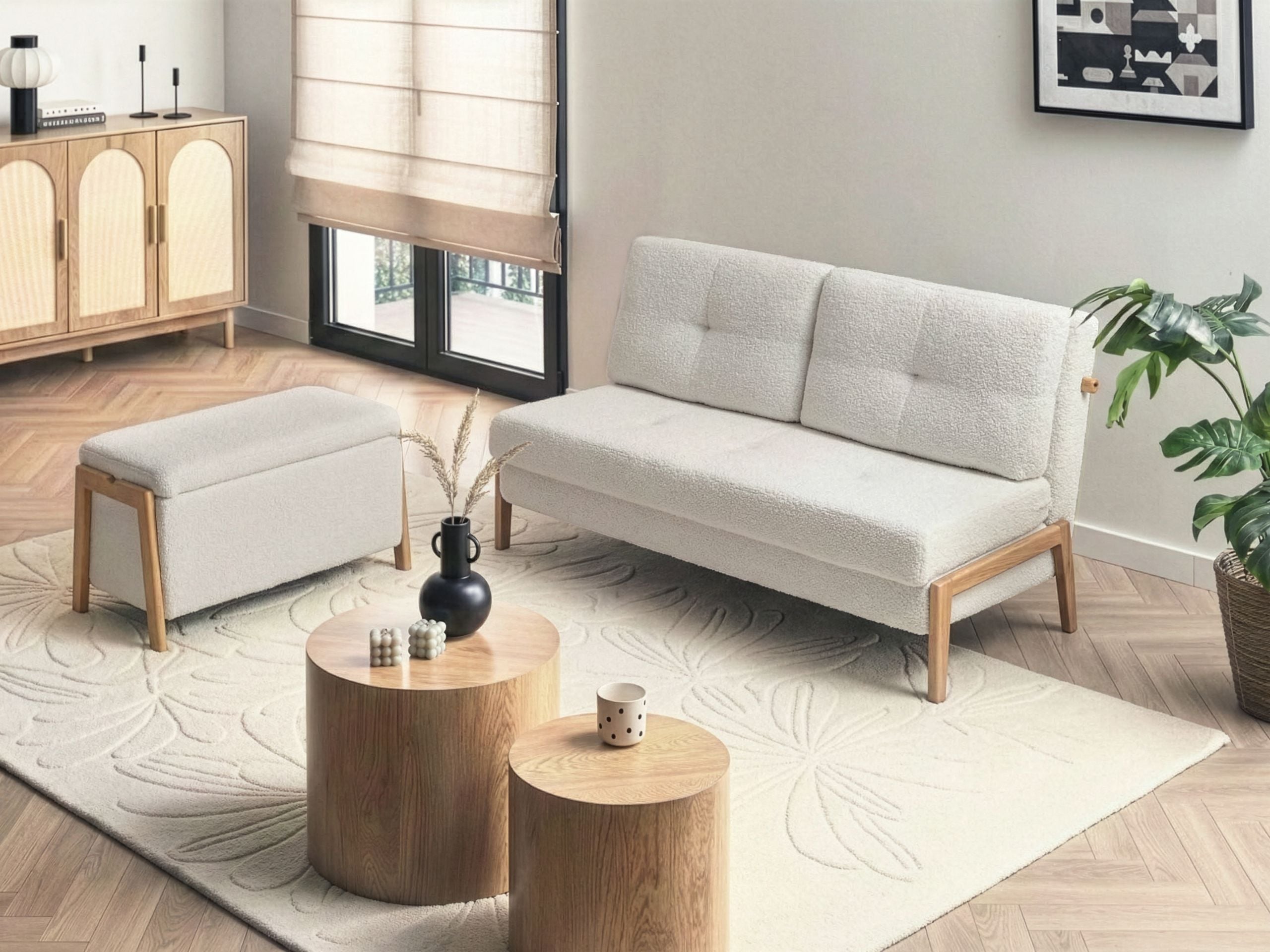 BOJAXO Boucle Fabirc 2 Seater Sofa with Bench - White