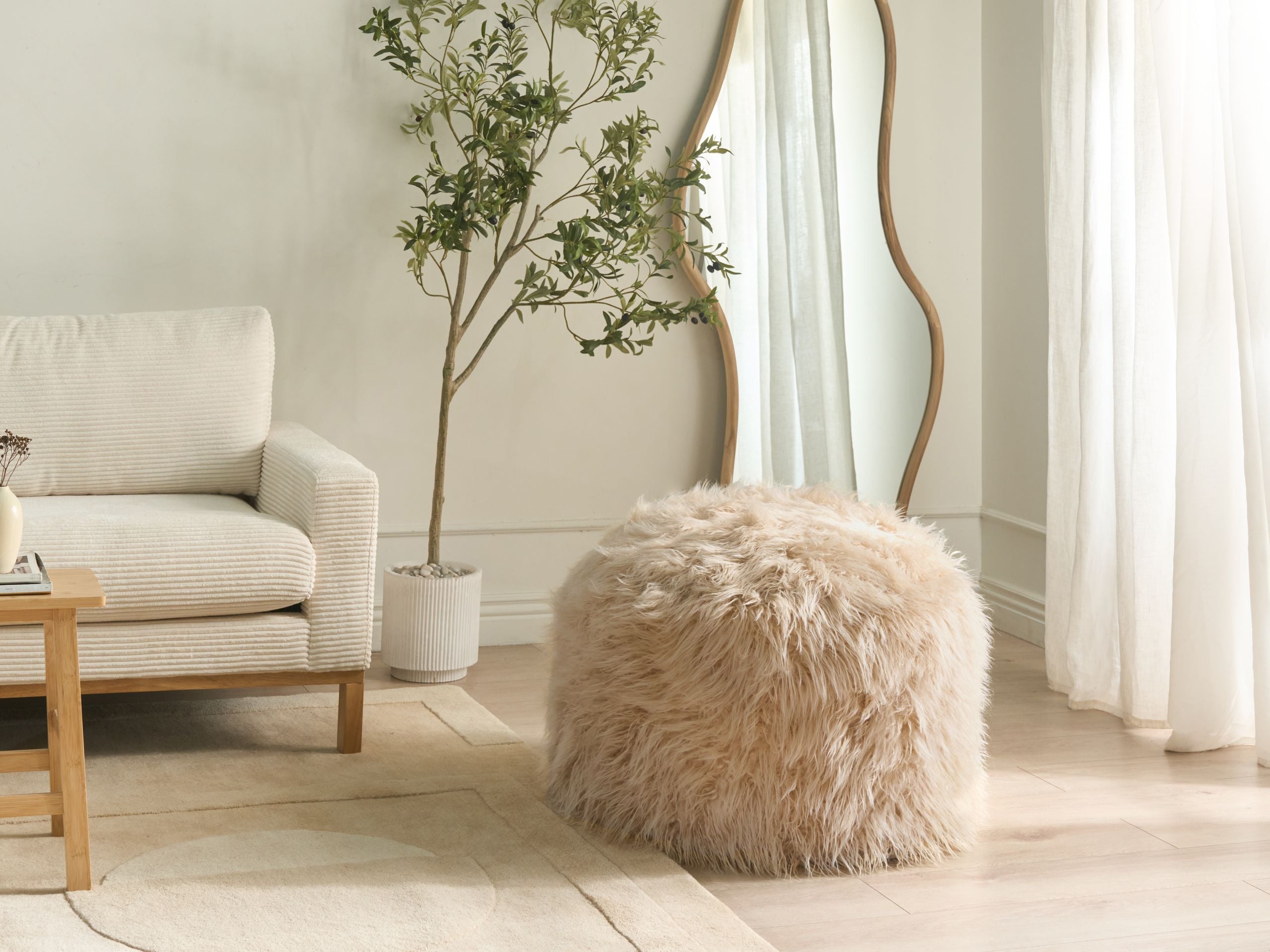 NAPARO Faux Fur Ottoman Pouffe - Light Beige