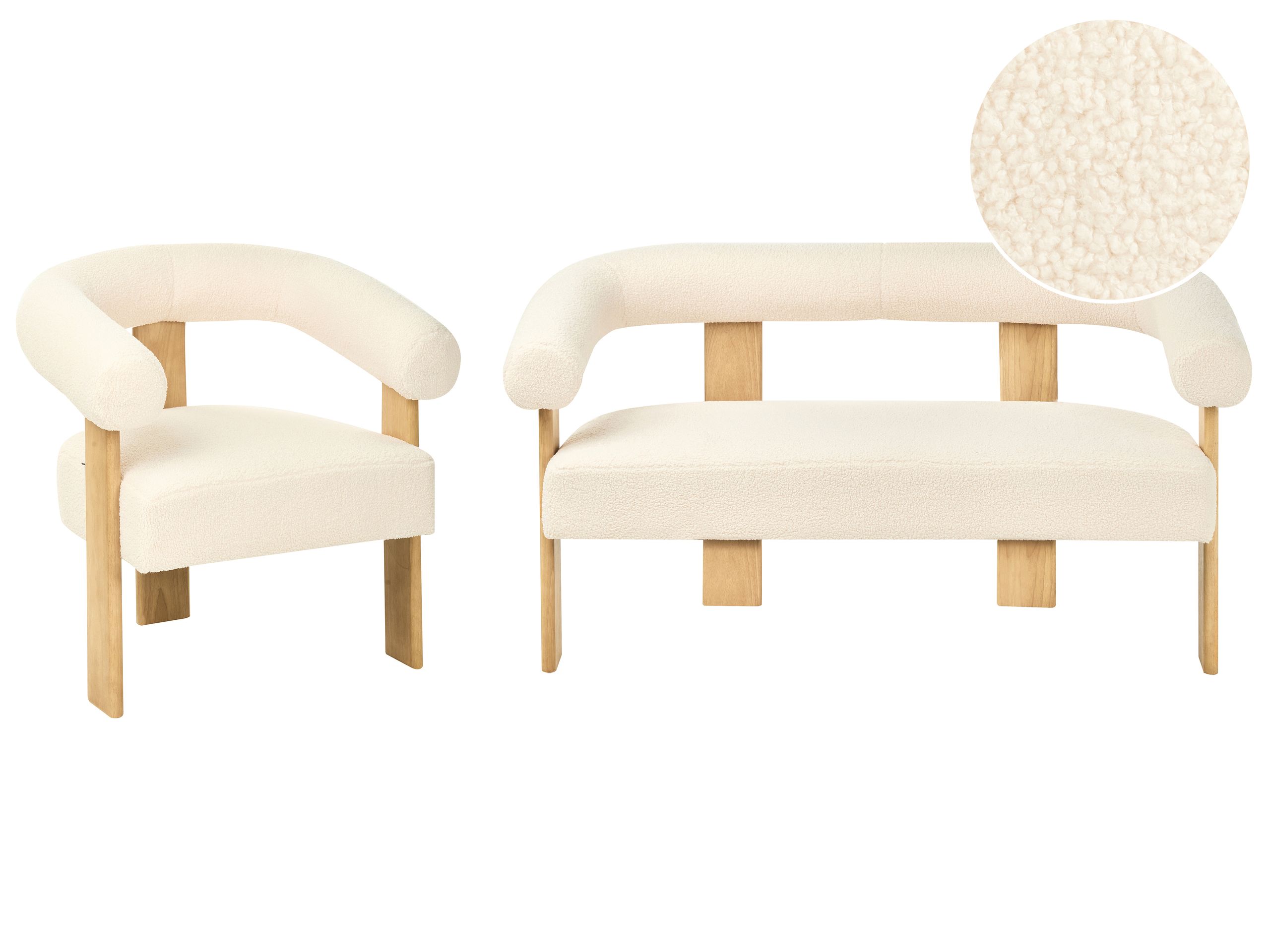 COBDEN Boucle Fabric 2 Seater Sofa and Armchair Sofa Set - Off White with Light Oak