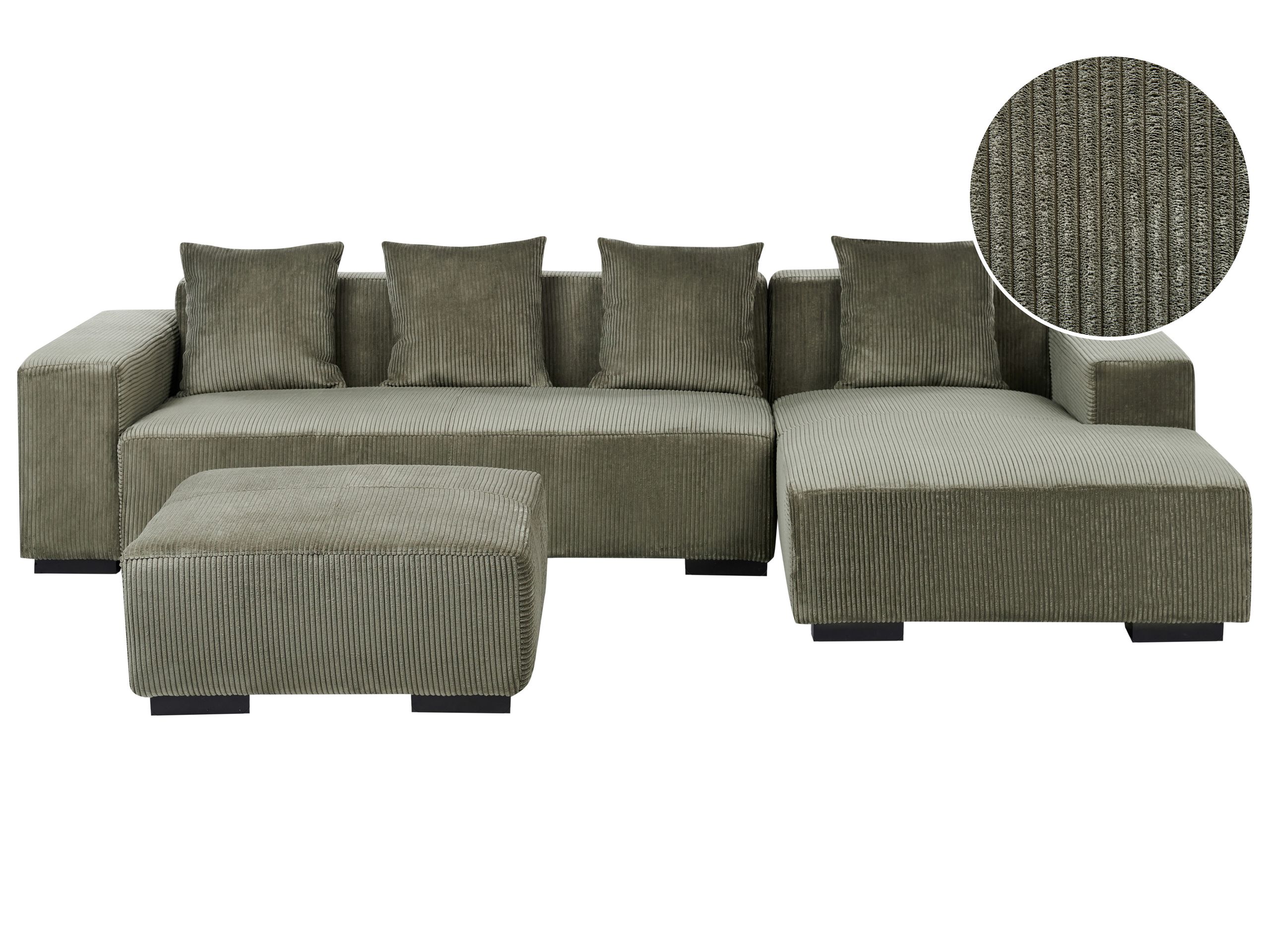 Left Hand Jumbo Cord Corner Sofa with Ottoman Green LUNGO