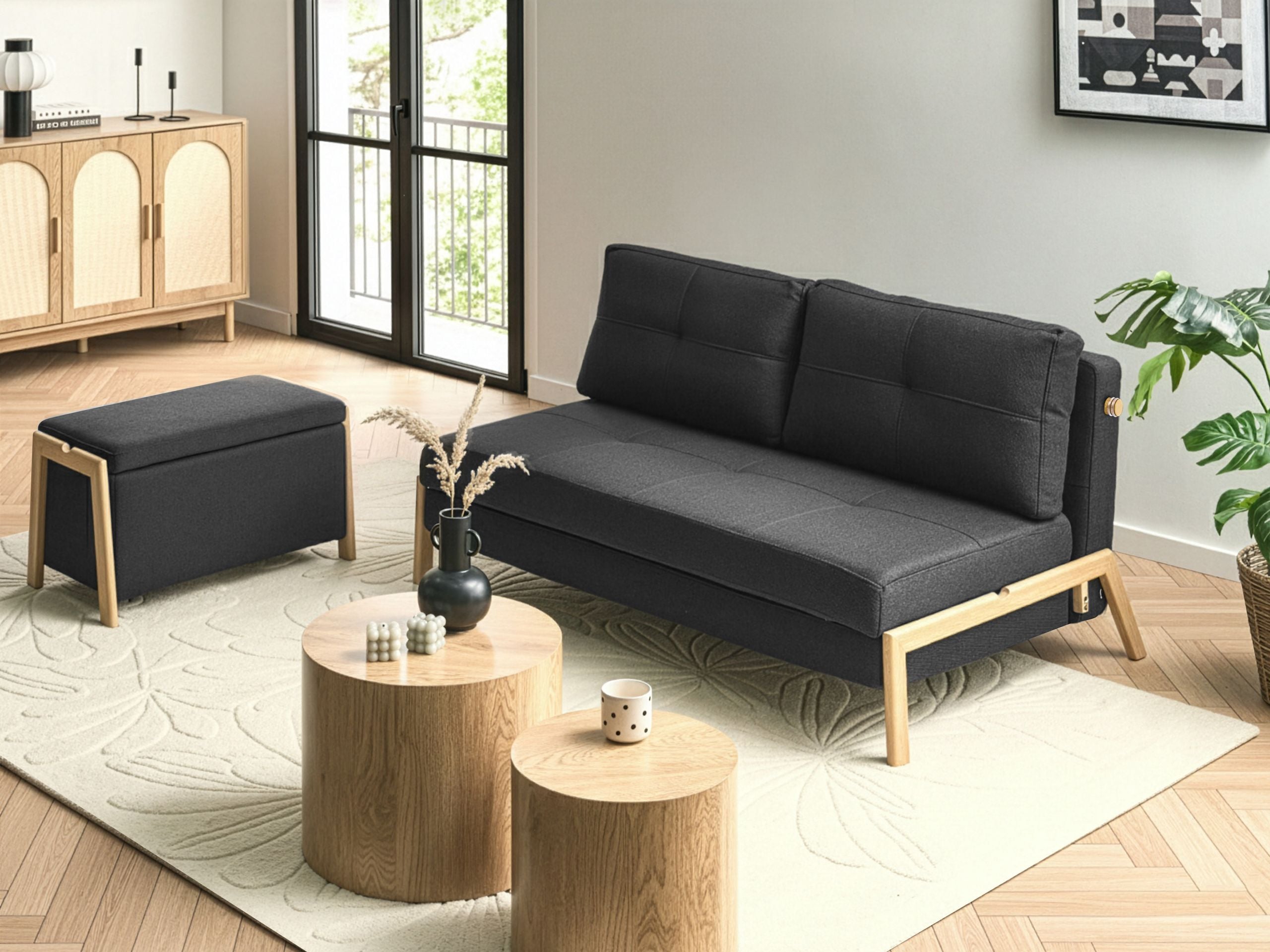 BOJAXO Fabric 2 Seater Sofa Set with Bench - Black