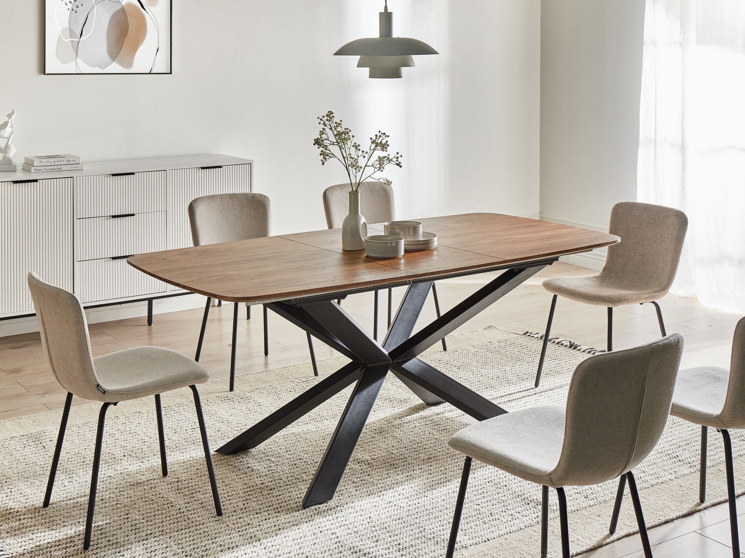 FALVANO Extending Dining Table - Light Oak and Black