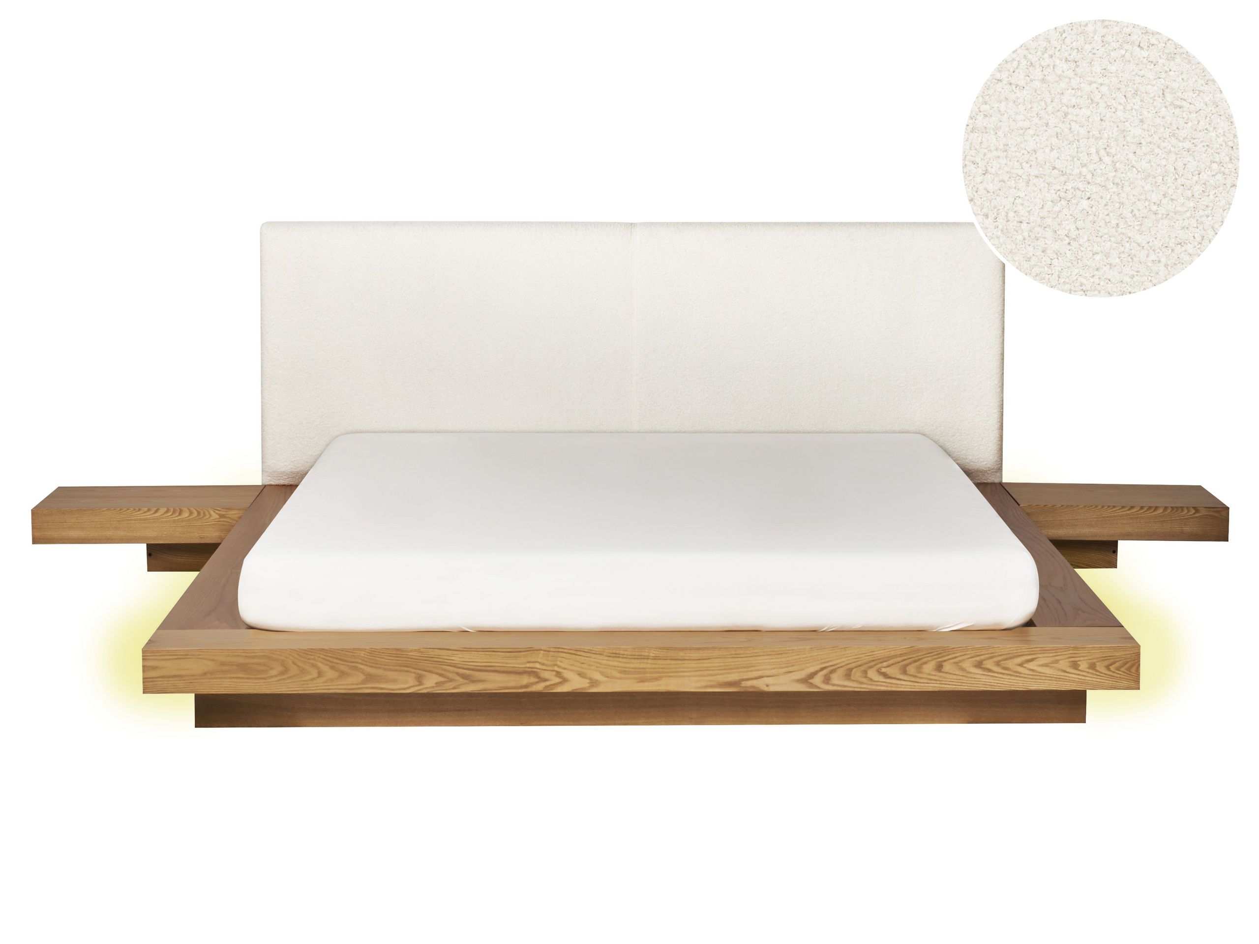 KEWI Bedframe with LED Boucle 160 x 200cm EU Kingsize Bed Natural Ash Wood