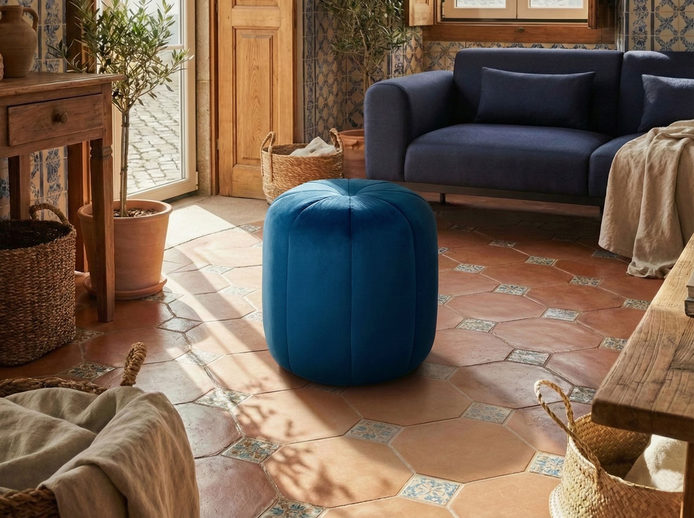 NANUFA Velvet Ottoman Pouffe - Blue