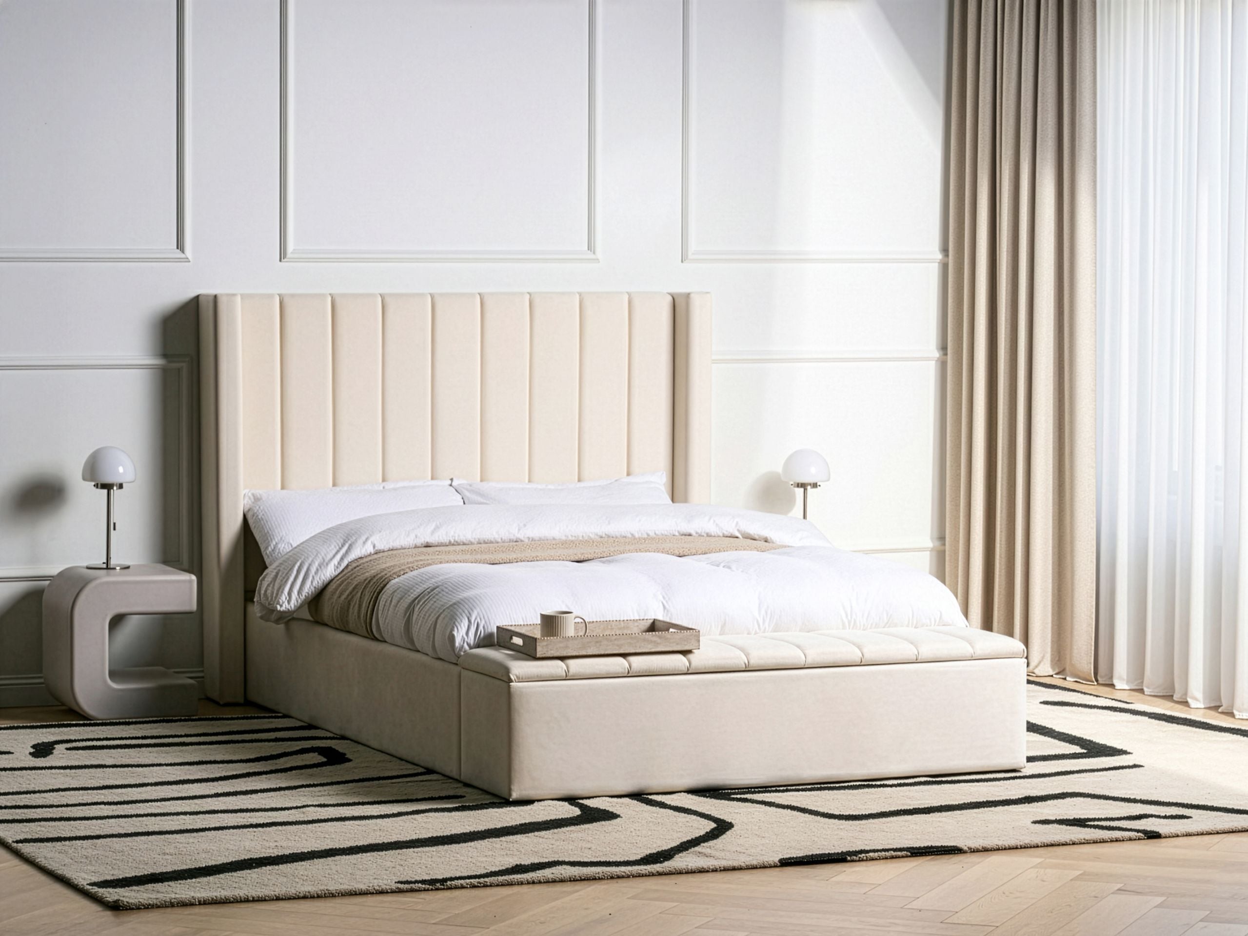 NOVA EU Double Ottoman Pine Wood Bedframe with Storage Bench - Off White