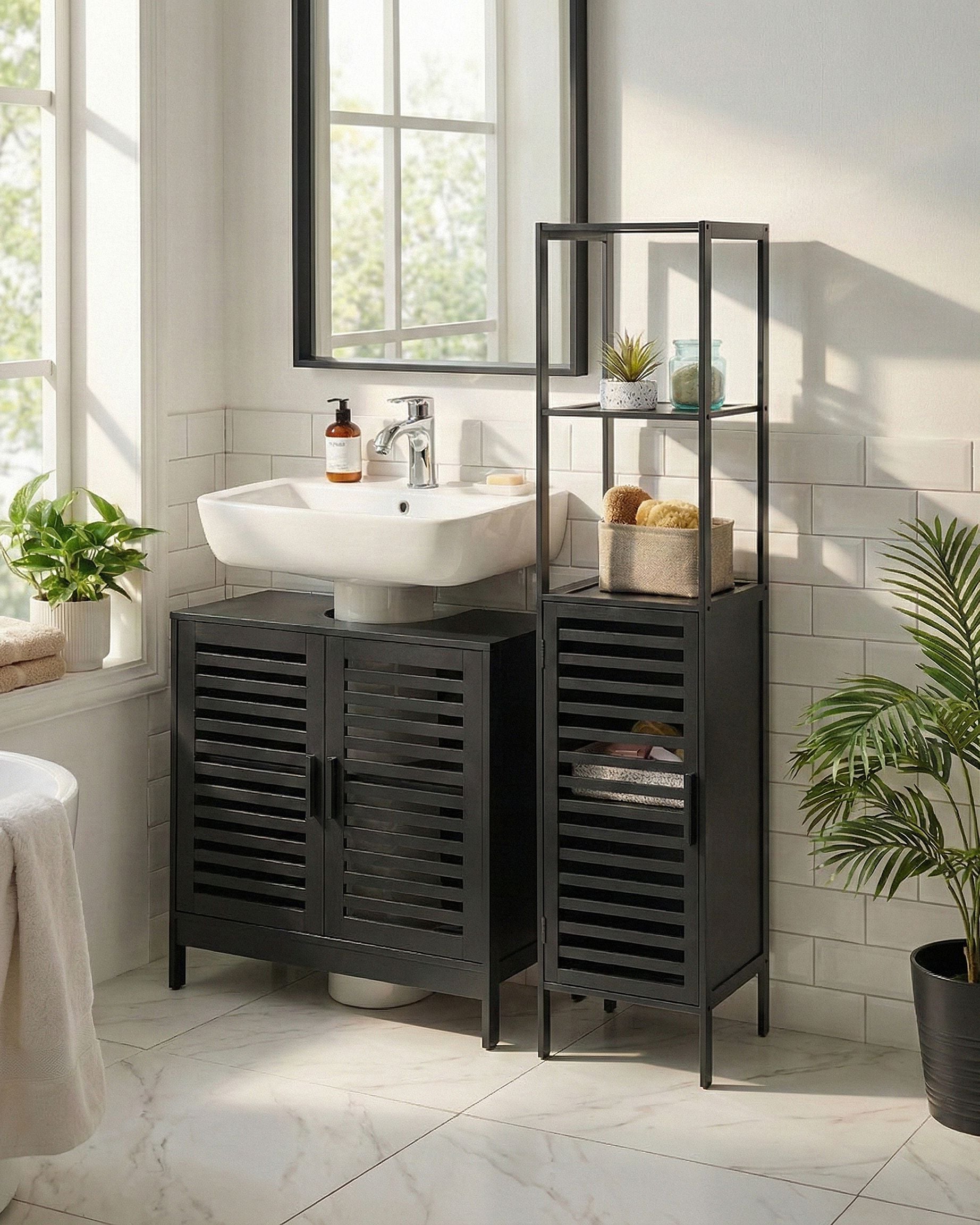 BIYUXO Bamboo Wood Bathroom Shelving Cabinet - Black