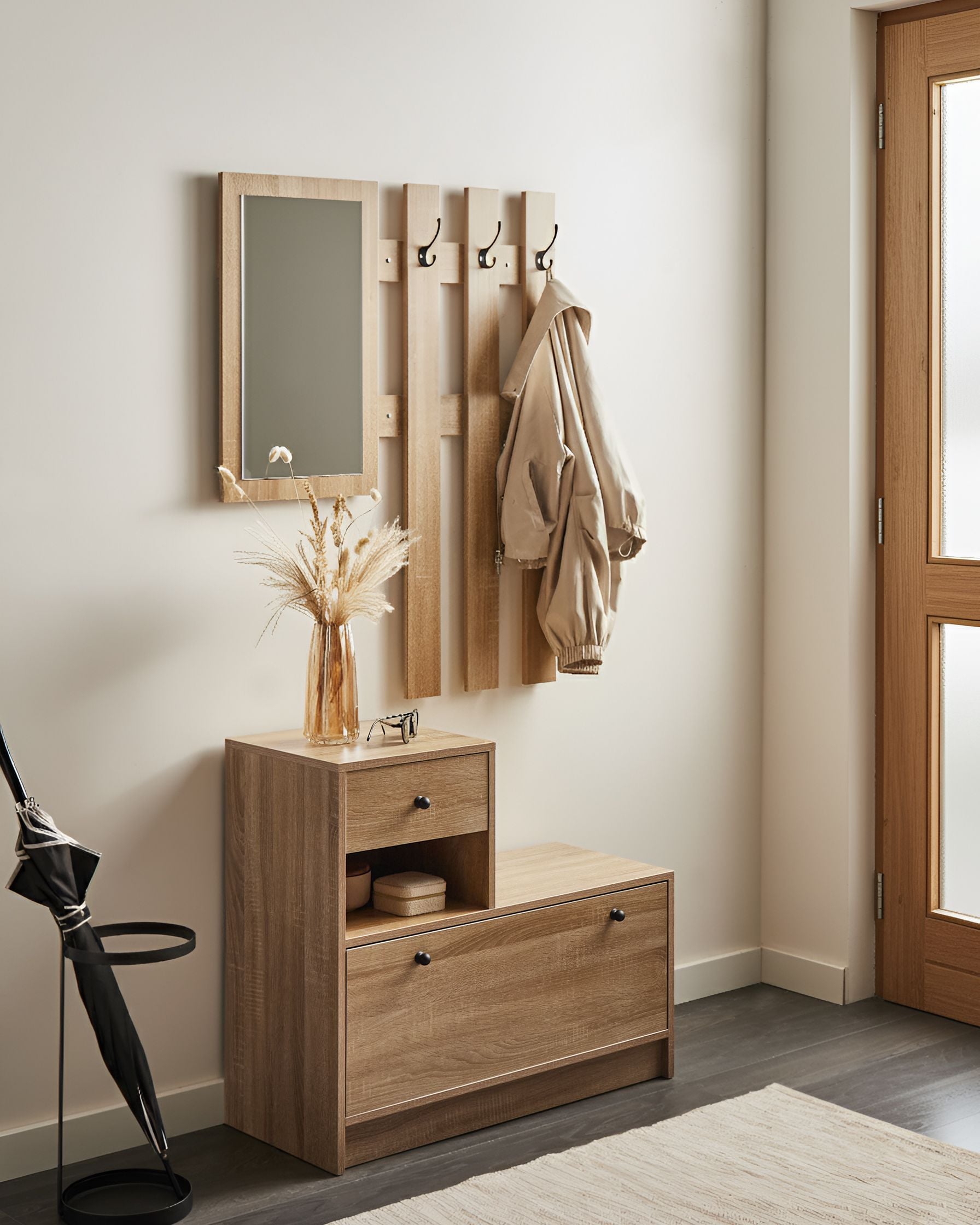 QUENTAR Shoe Cabinet - Medium-sized with Hallway Set - Oak Finish