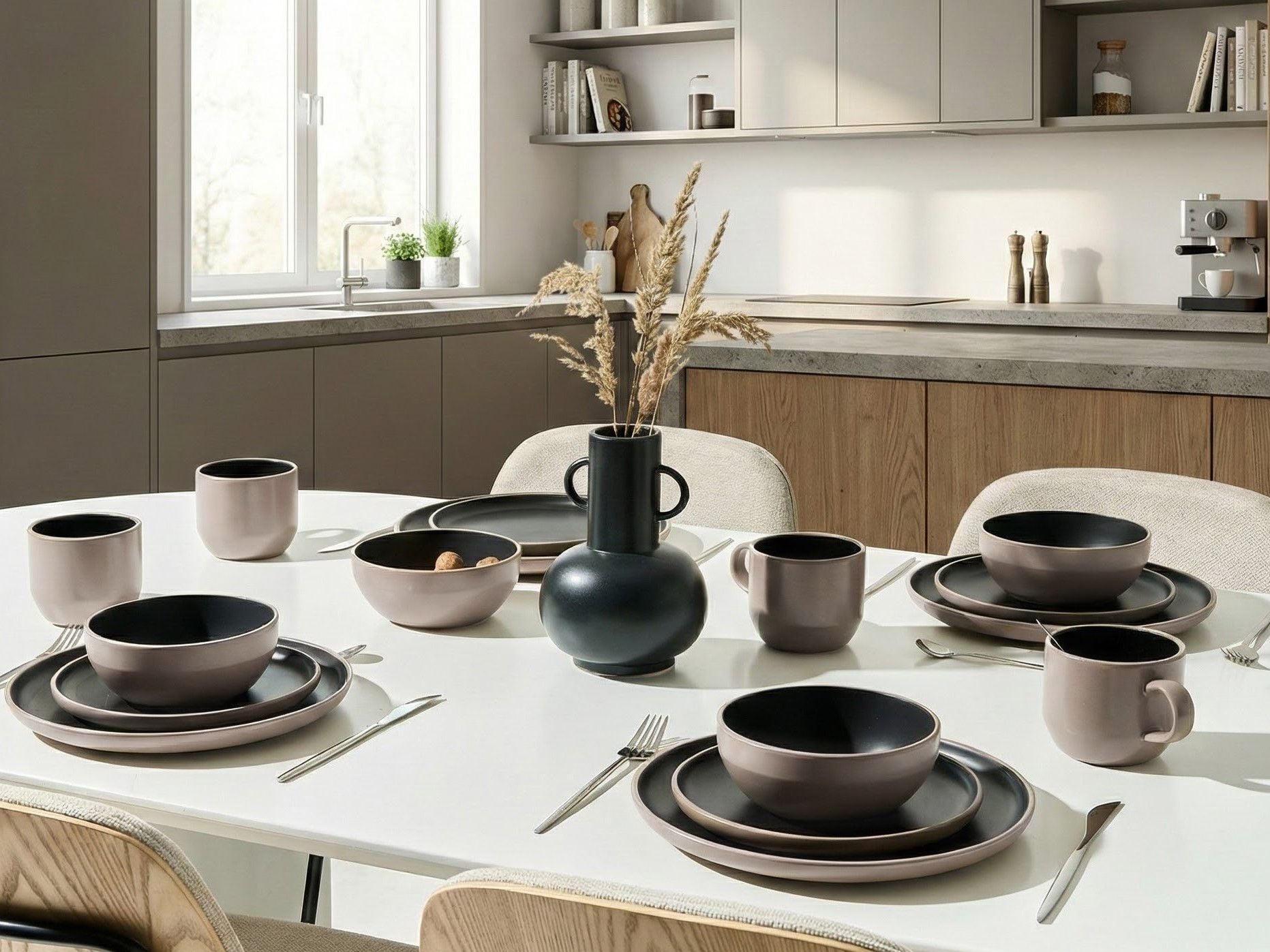 SAHIVO Dinner Set of 16 - Beige and Black